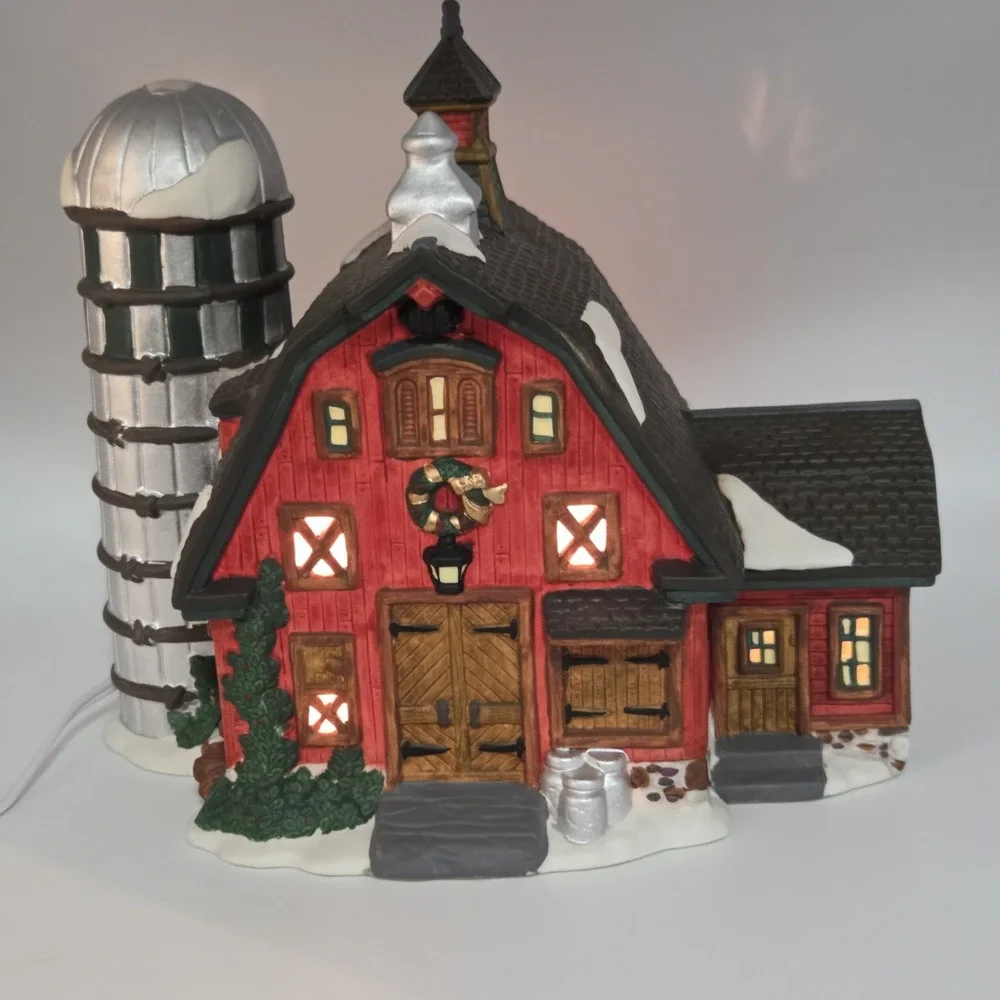 Vintage Dicken's Village O'Well Heartland Valley Village Red Barn With Silo  NEW